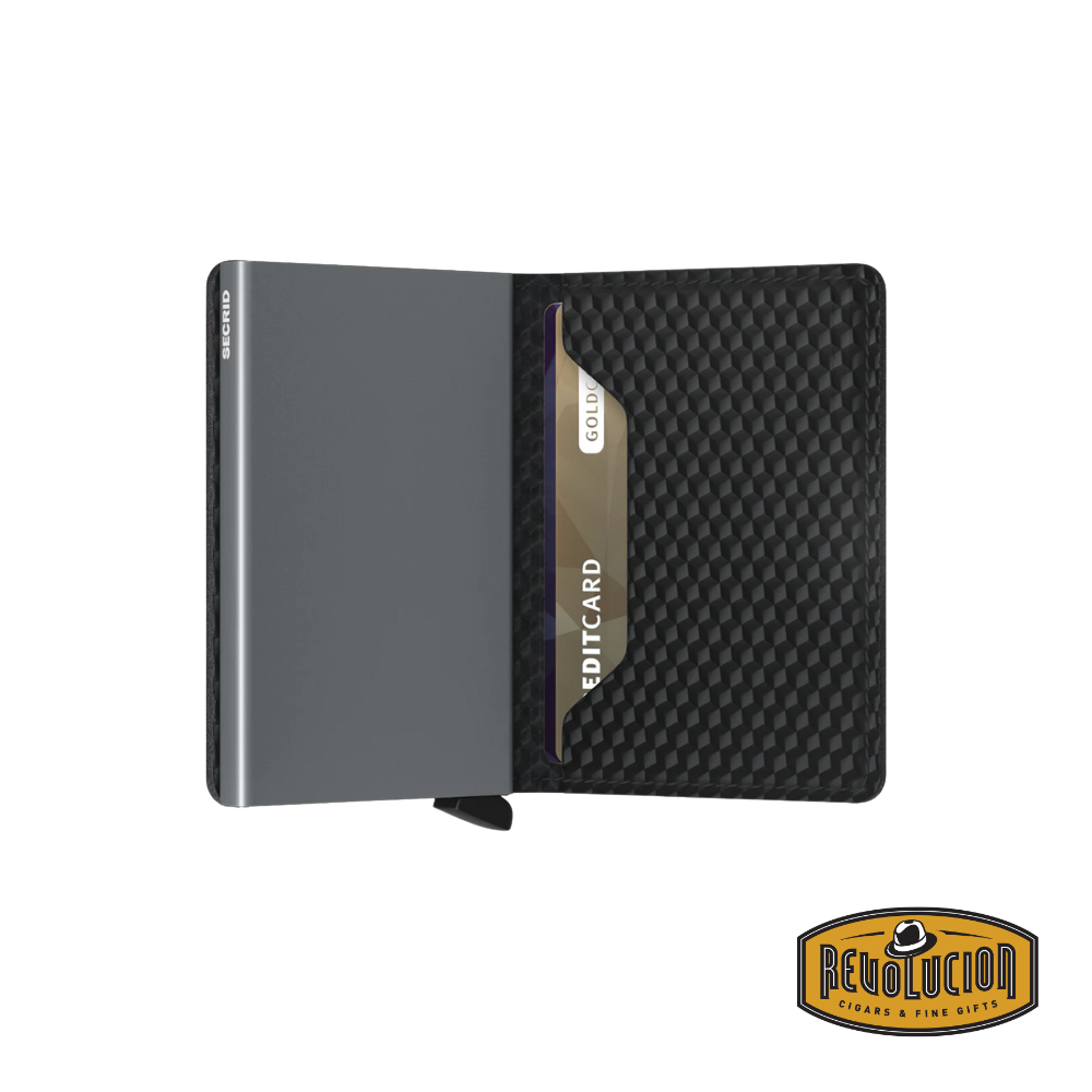 The Secrid Slimwallet in Cubic Black Titanium, partially opened, revealing the RFID-blocking aluminum cardholder and leather compartments.