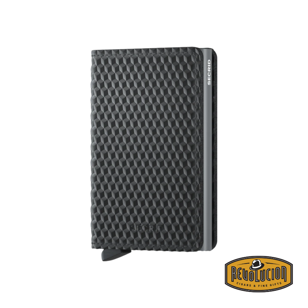 A sleek Secrid Slimwallet in Cubic Black Titanium, featuring an embossed geometric pattern on premium black leather with a subtle metallic sheen.