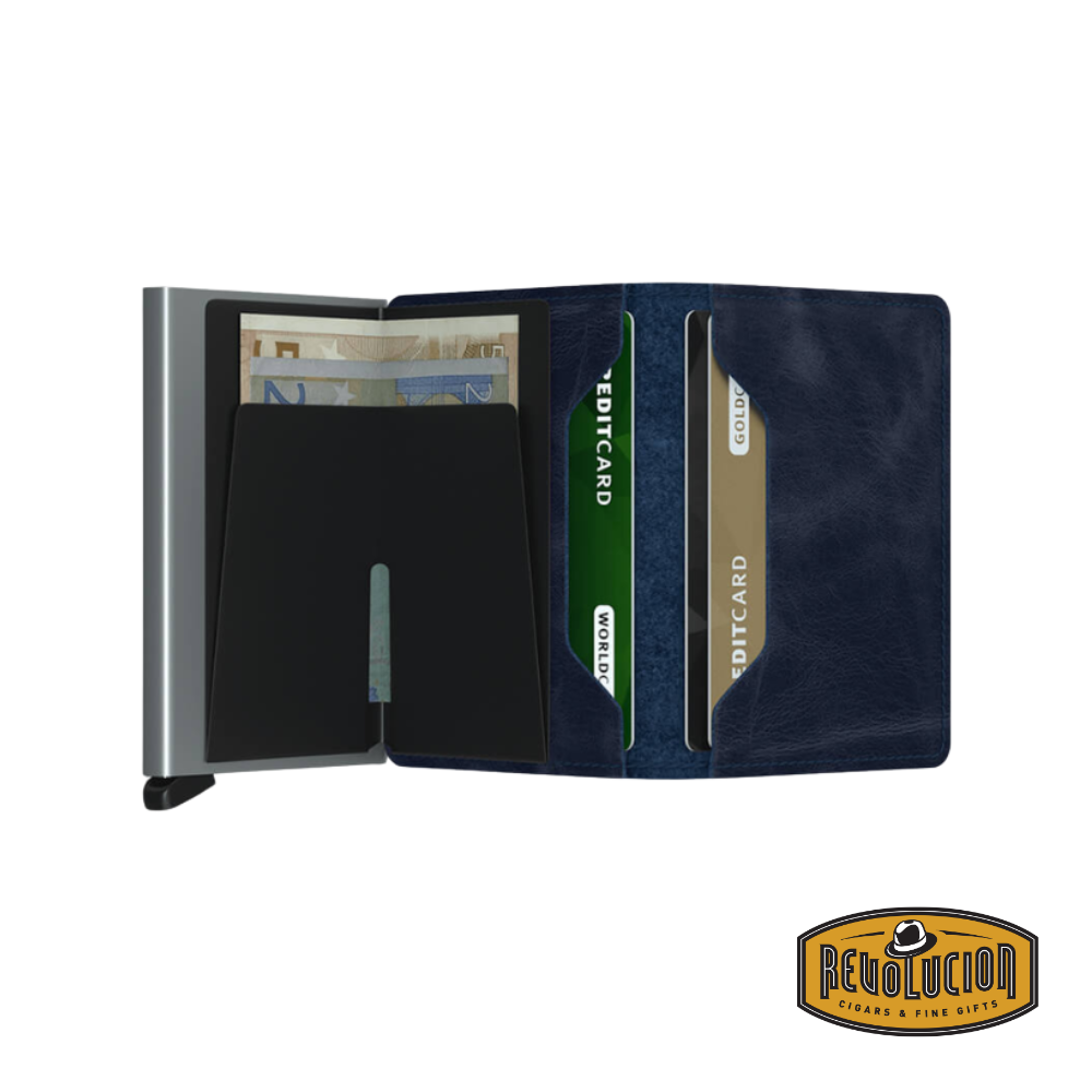 The Secrid Slimwallet in a fully open position, displaying its card compartments and RFID-blocking aluminum case.