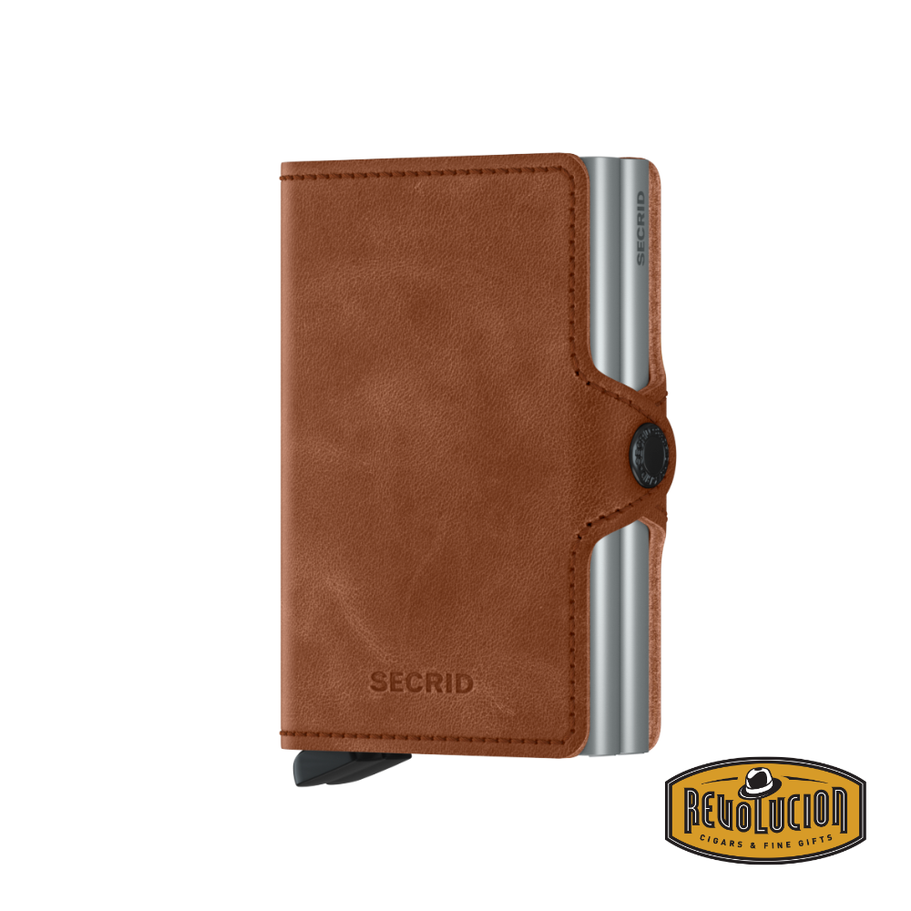 A front view of the closed Secrid Twinwallet RFID Vintage Cognac Silver, showcasing its rich vintage cognac leather and sleek, minimalist design.