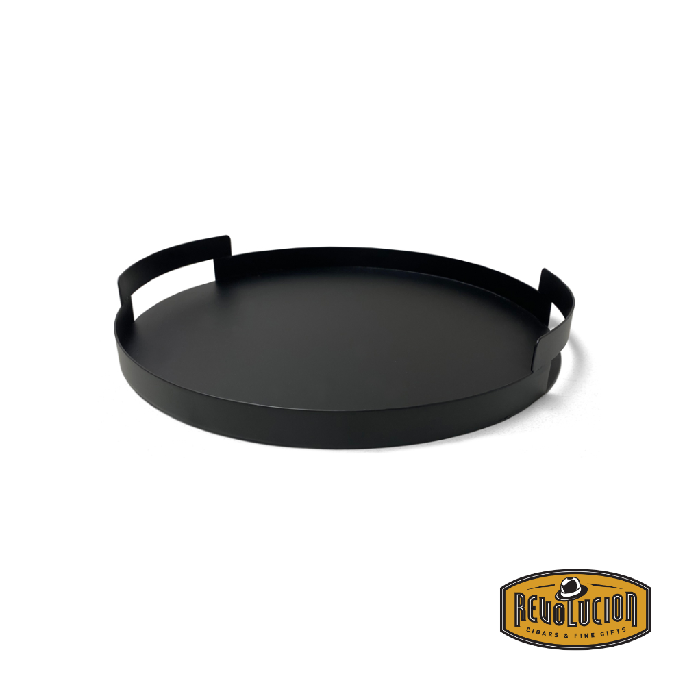 Minimalist black metal serving tray with sleek edges, empty on a neutral surface.