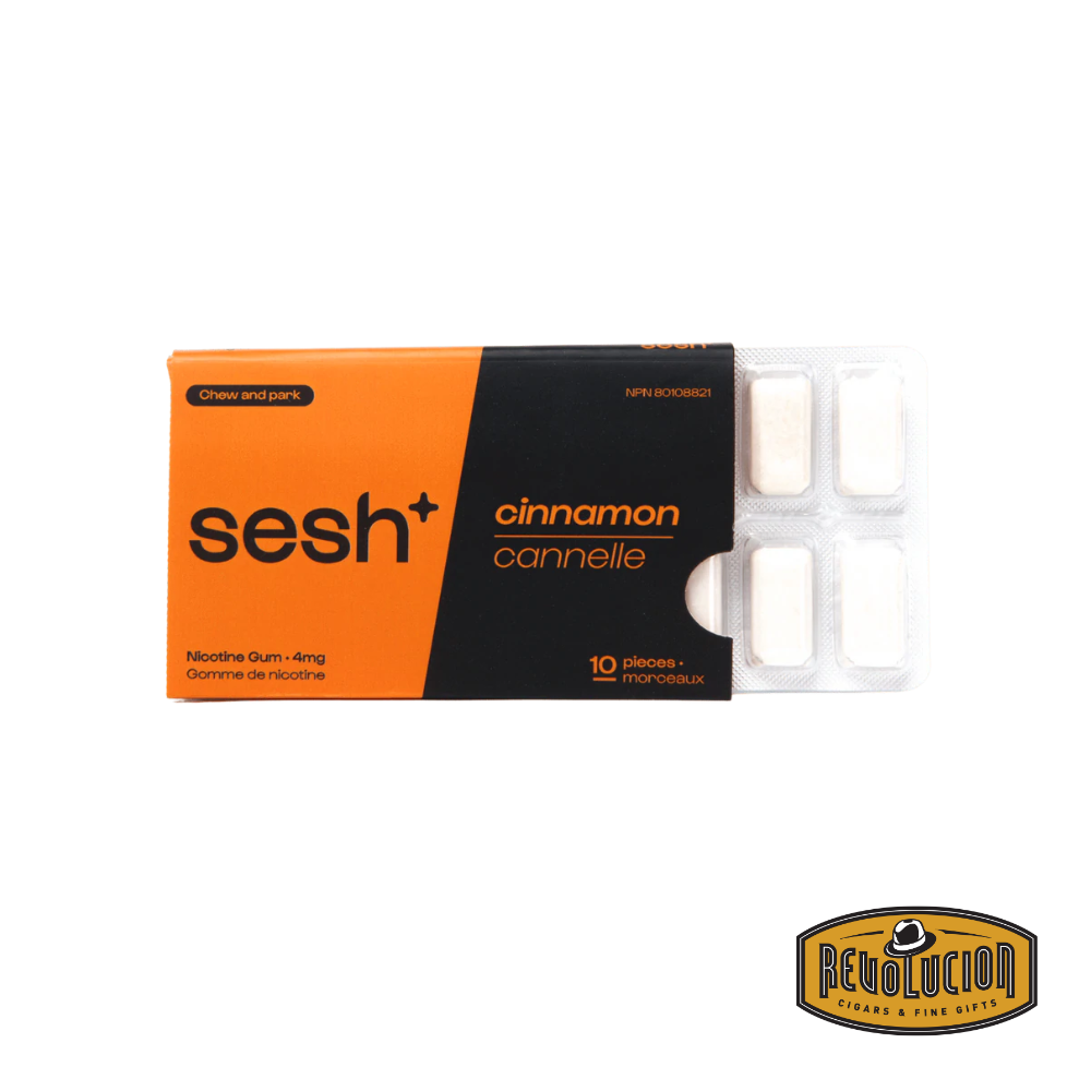 Box of Sesh Smokeless Gum Cinnamon 2mg/g with a couple of gum pieces displayed in front.