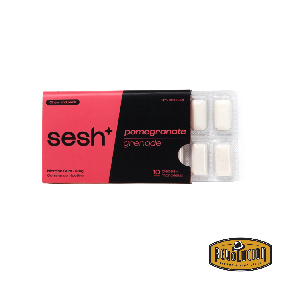 Box of Sesh Smokeless Gum Pomegranate 4mg/g with a couple of gum pieces displayed in front.