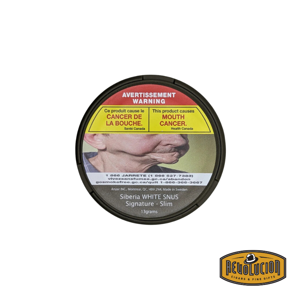 Closed can of Siberia WHITE SNUS Signature Slim 13g with plain packaging, containing 11mg nicotine per pouch.