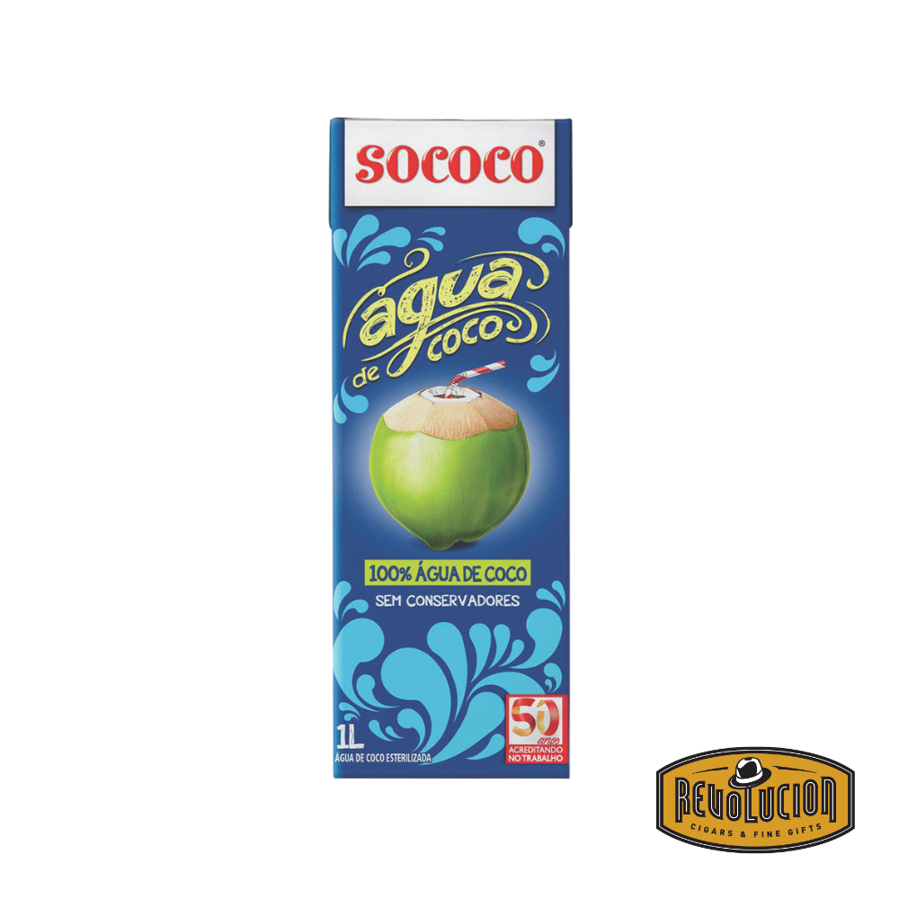 Sococo Coconut Water 1L carton with a white and blue design, featuring tropical imagery and labeled as natural coconut water.