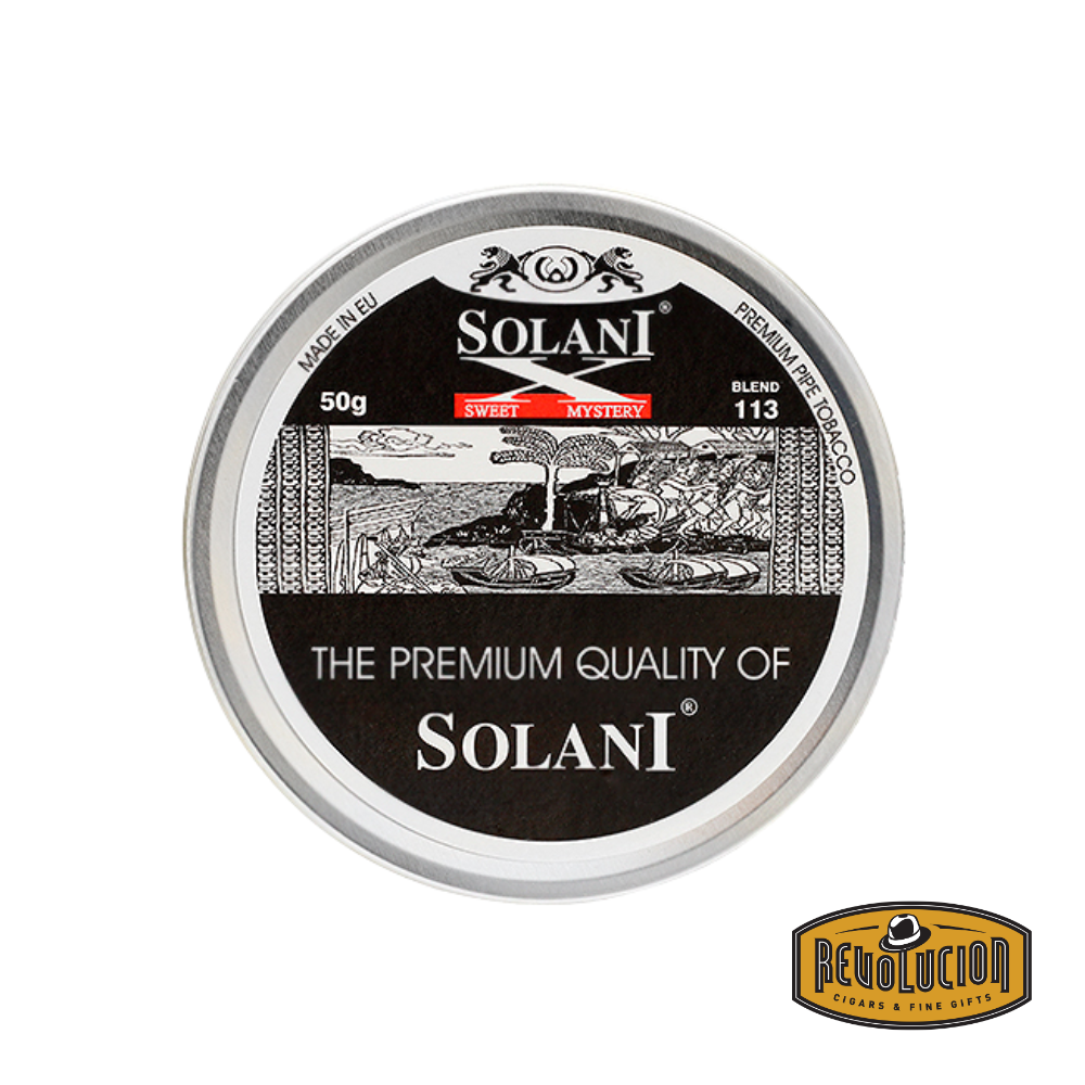 Solani Sweet Mystery X pipe tobacco blend in its signature tin, combining premium black cavendish, golden Virginia, and burley tobaccos enhanced with a subtle fruit and cream aroma for a smooth, aromatic smoking experience.