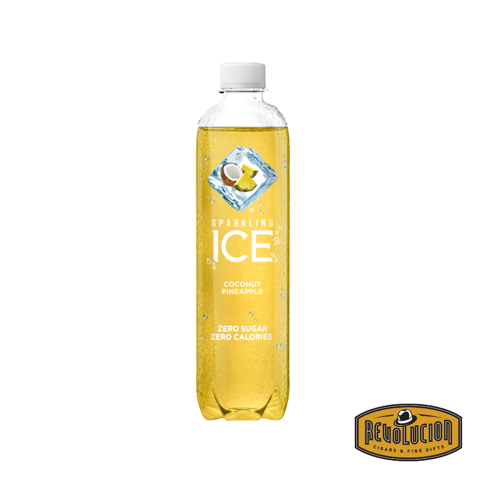 Sparkling Ice – Coconut Pineapple flavor in a clear, tall bottle with tropical-themed yellow and white labeling, filled with light golden sparkling water infused with fruity, island-inspired flavors.