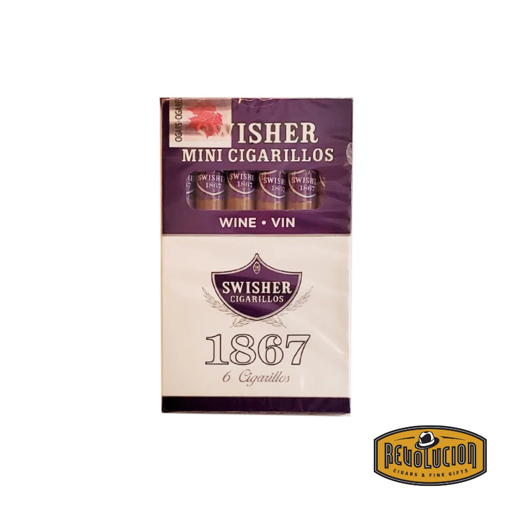 Swisher Mini Wine Cigarillos pack of 6 in an original purple box, showcasing the brand’s signature style.