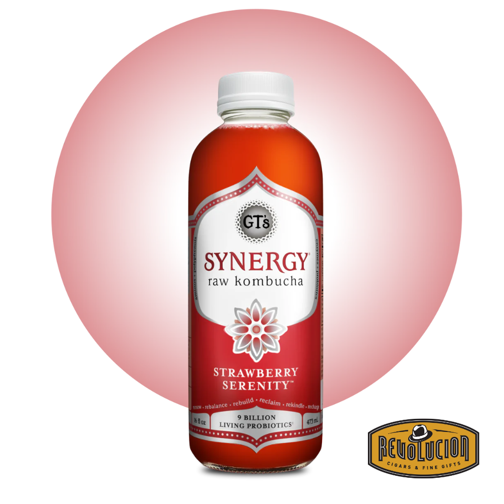 Bottle of Synergy Strawberry Serenity Kombucha, 480 mL, featuring its signature label design with vibrant red hues.
