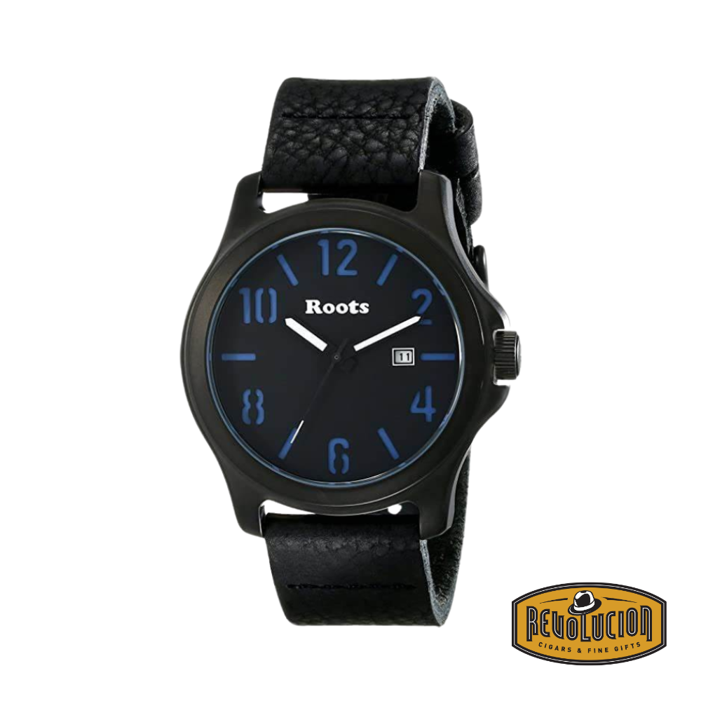 Front view of the Tamakwa Roots Premium Watch in black and blue, featuring a bold dial with luminous hands, a date display, and a textured black leather strap.