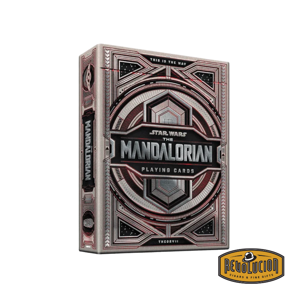 Front view of the Theory11 Mandalorian Playing Cards deck, featuring detailed embossing and a design inspired by the iconic Star Wars series.