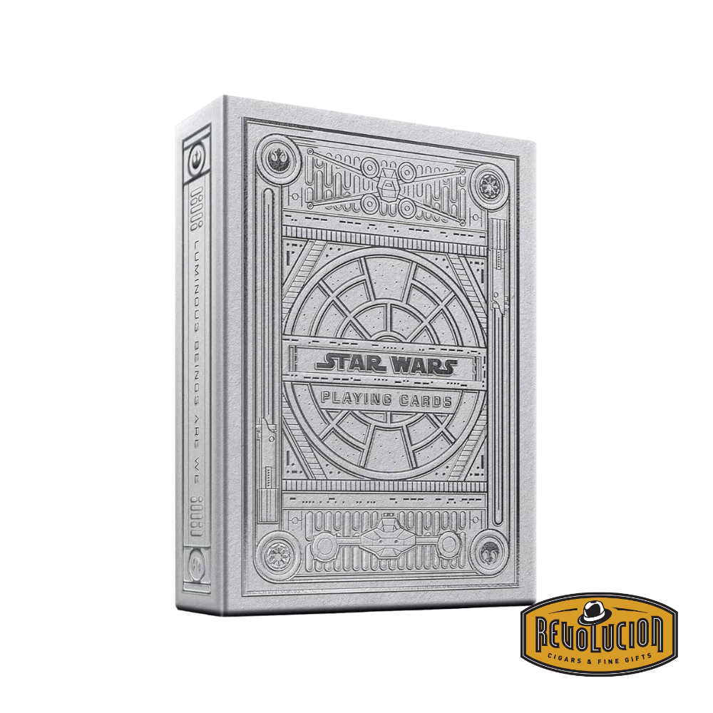 Front view of the Theory11 Star Wars Silver Edition playing cards in white, showcasing the premium embossed design and elegant Star Wars-themed artwork.