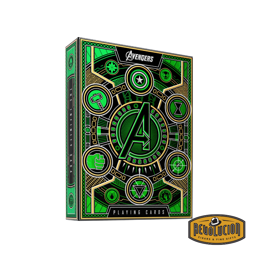 Theory 11 Avengers Green Playing Cards box showing off its intricate green foil design and Marvel branding.
