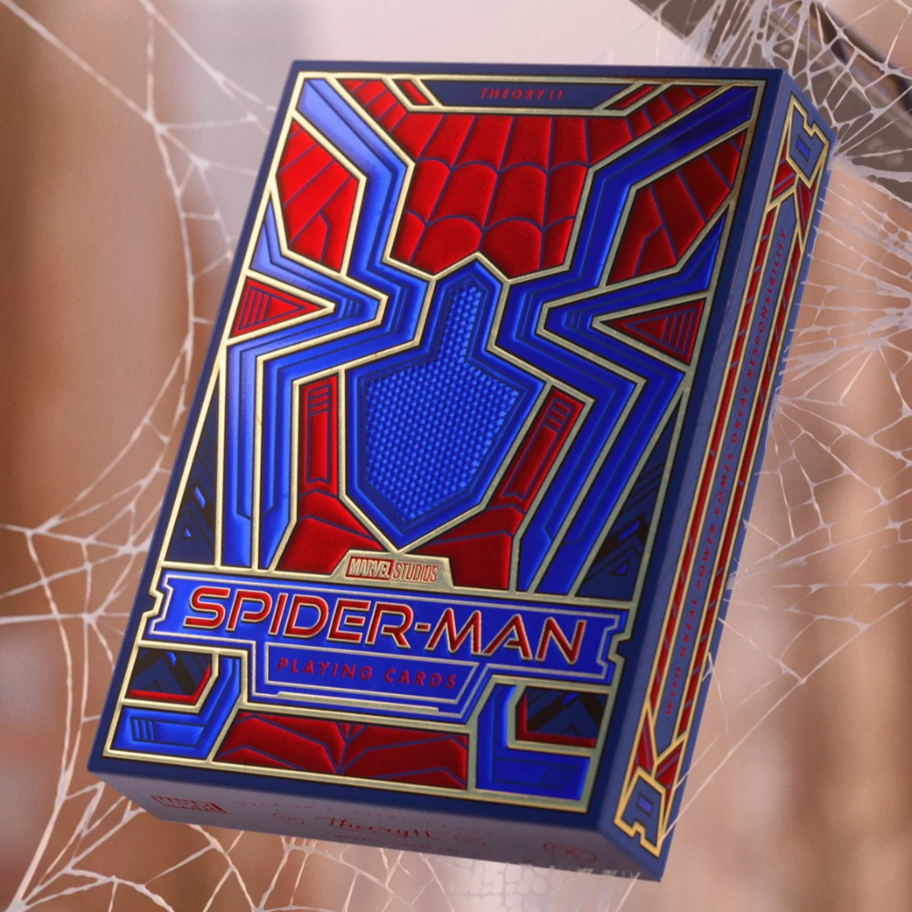 Theory 11 Spider-Man Playing Cards box displayed with a vibrant background themed around Spider-Man, enhancing its collectible appeal.