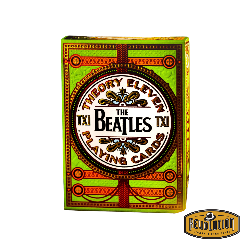 Theory 11 Beatles Playing Cards Green Edition box with intricate artwork and vintage-style design.
