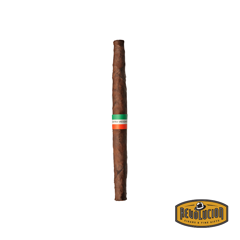 Toscano Extravecchio Full Strength Italian Cigarillo, showcasing its rustic, hand-rolled appearance on a wooden surface.
