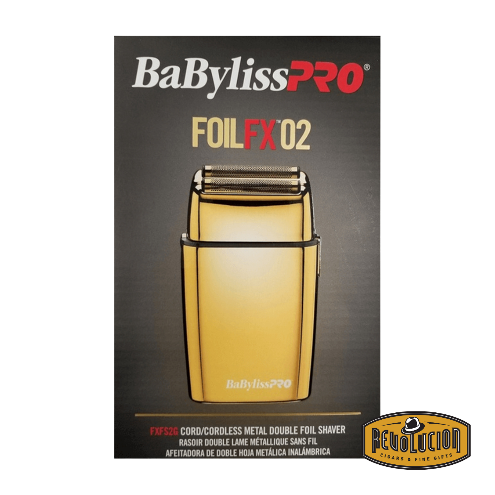 Packaging box of the BabylissPro Foil FX02 Gold trimmer, displaying the product image and branding in a professional, premium style.