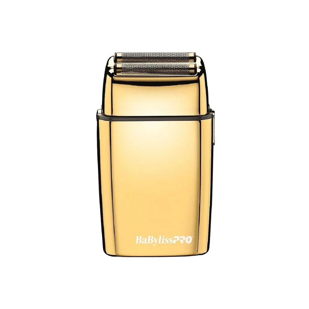 BabylissPro Foil FX02 Gold trimmer featuring a sleek, all-metal gold finish with dual foil shaving heads and ergonomic design.
