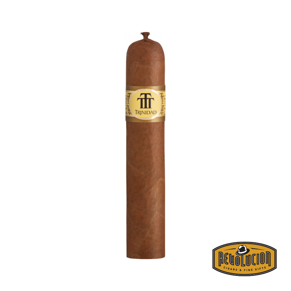 Trinidad Media Luna Petit Robusto Marinas Cuban cigar on a white background with the Revolucion logo, featuring a medium strength profile and the distinctive Trinidad band.