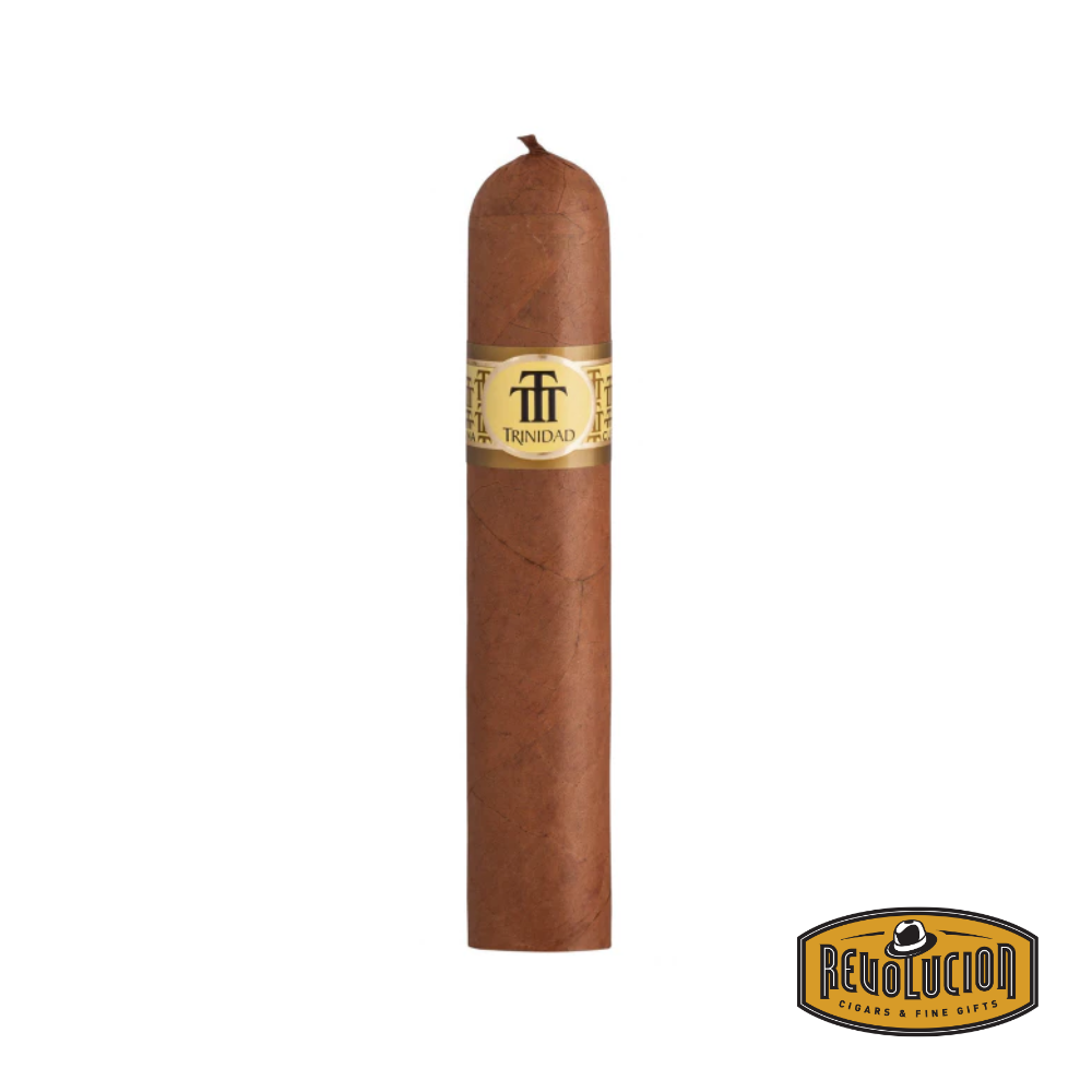 Trinidad Topes Cuban cigar in a Robusto Gordo format, showcasing its thick ring gauge, smooth medium-brown wrapper, and distinctive golden band with the Trinidad emblem.