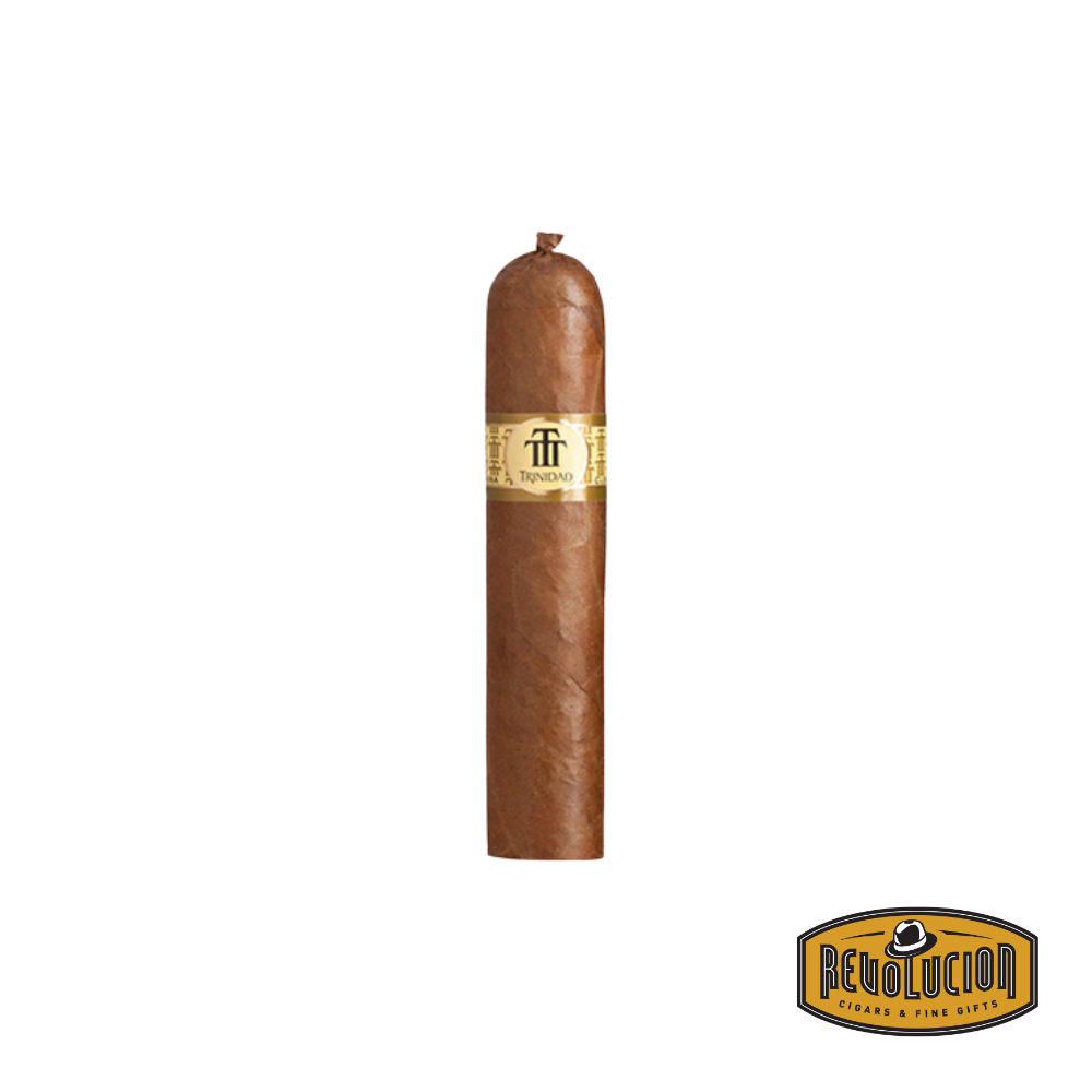 Trinidad Vigia H/M Odd Cuban cigar on a white background with the Revolucion logo, showcasing a medium-full strength profile and the elegant Trinidad band.