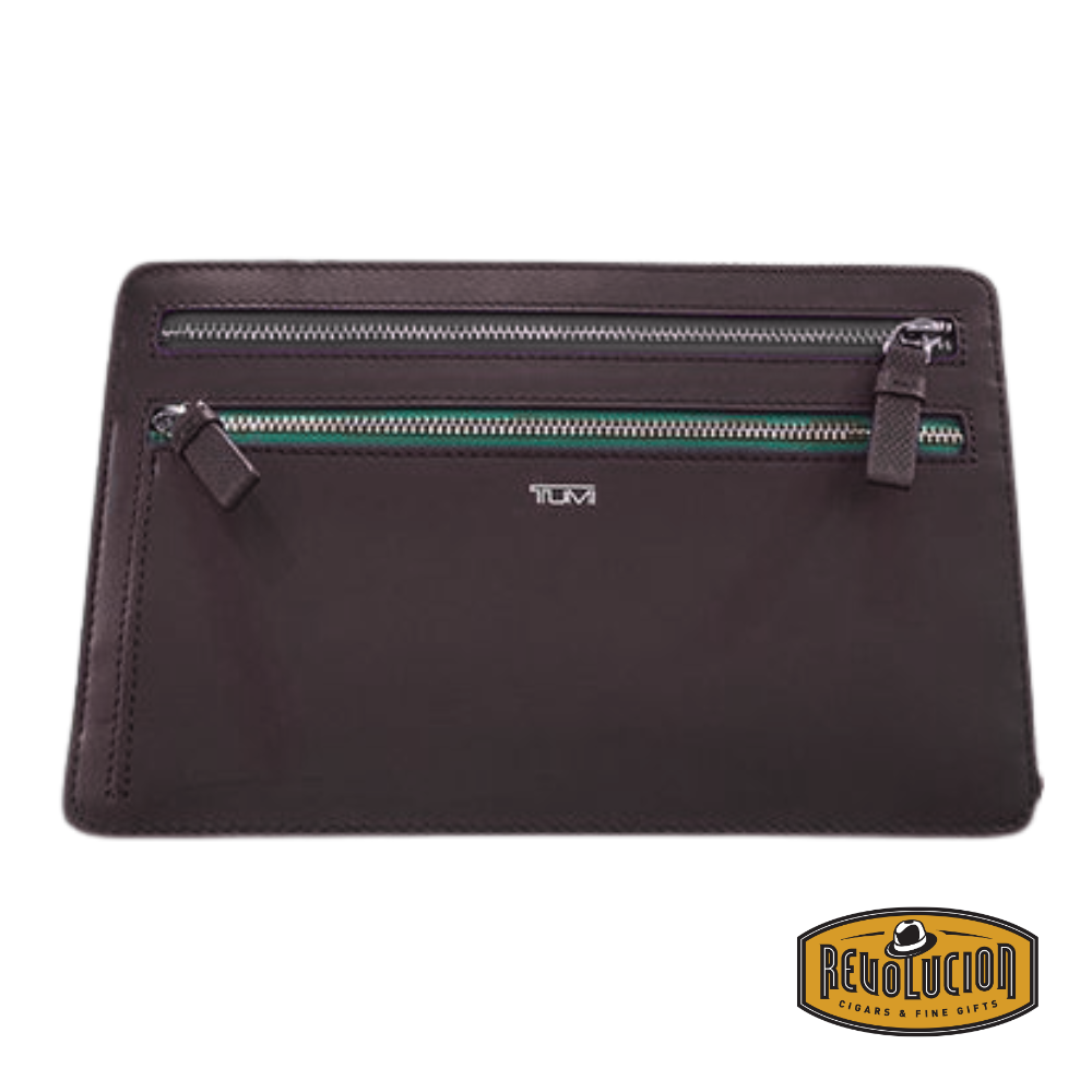 Front view of the Tumi Prism Multi Currency Wallet with dual zip compartments and sleek leather finish.