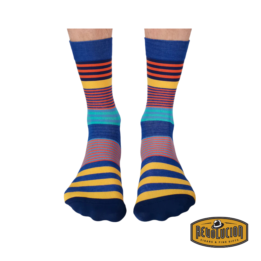 Front view of Uptown Colour Bands calf-length cotton unisex socks featuring a vibrant striped pattern for a bold and stylish look.