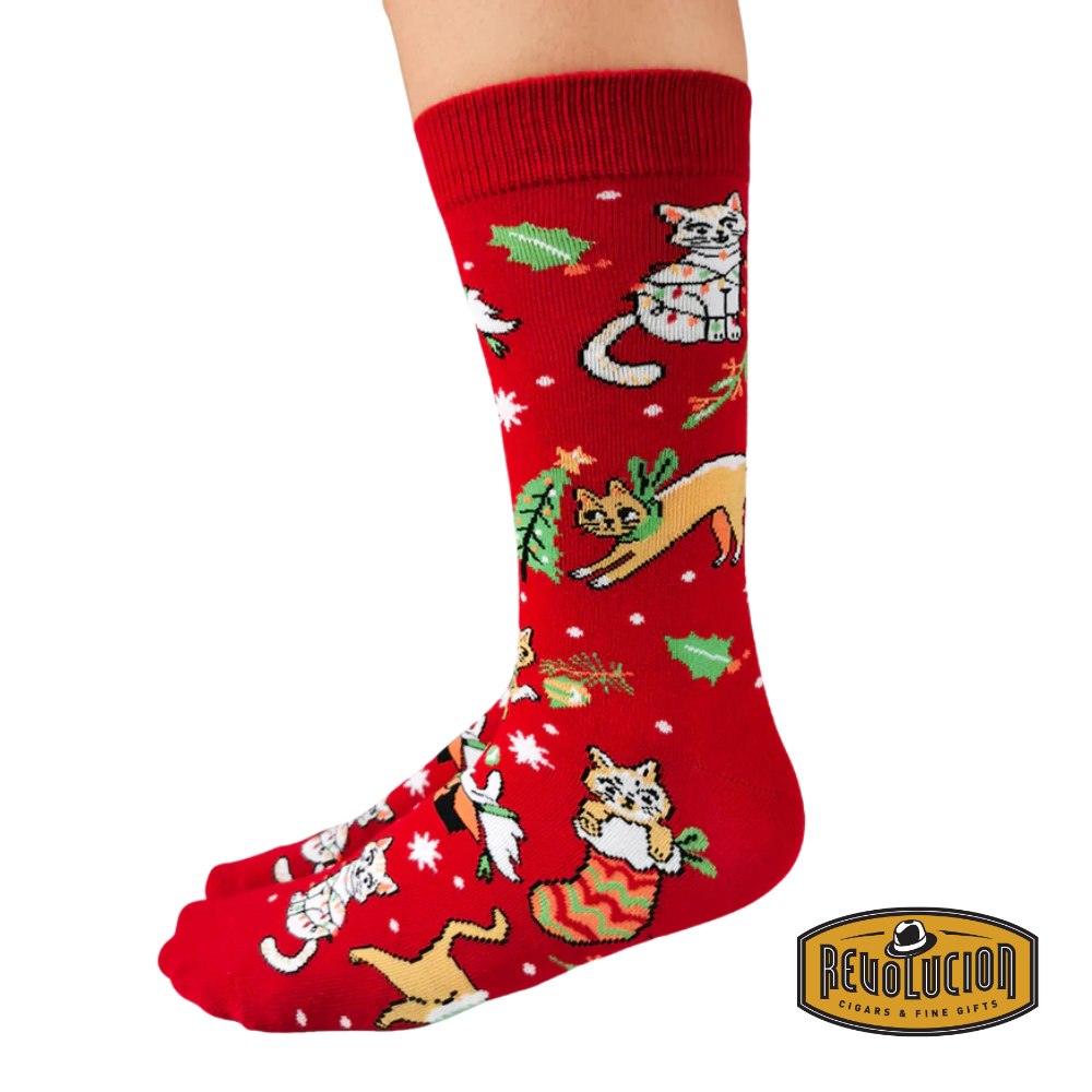 Uptown Feline Festive calf-length cotton unisex socks featuring a playful holiday cat design with festive colors and patterns.