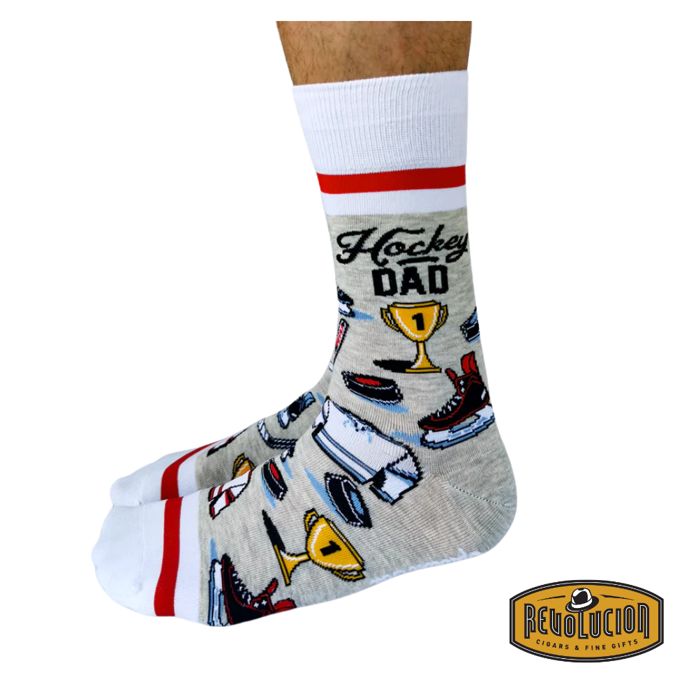 Side view of Uptown Hockey Dad calf-length cotton unisex socks, showcasing a sporty design with vibrant hockey graphics, perfect for any hockey-loving father.