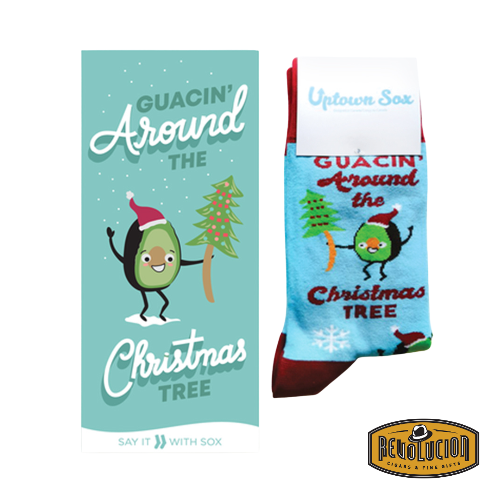Uptown Guacmas Tree calf-length cotton unisex socks, featuring a fun avocado Christmas tree design, presented in a festive gift box with a greeting card.