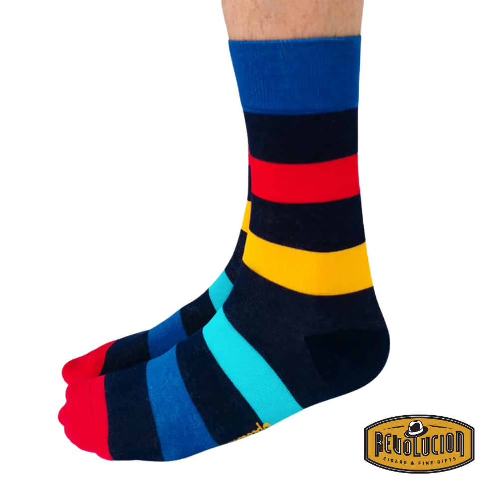 Uptown Here For The Stripes calf-length cotton unisex socks, side view featuring a bold striped pattern for a stylish and modern look.