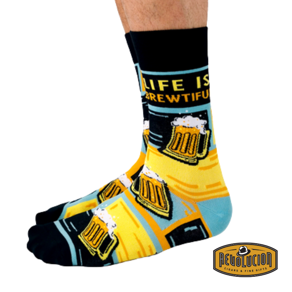 Uptown Life is Brewtiful calf-length cotton trendy socks, side view showcasing a playful beer-themed design for craft beer lovers.