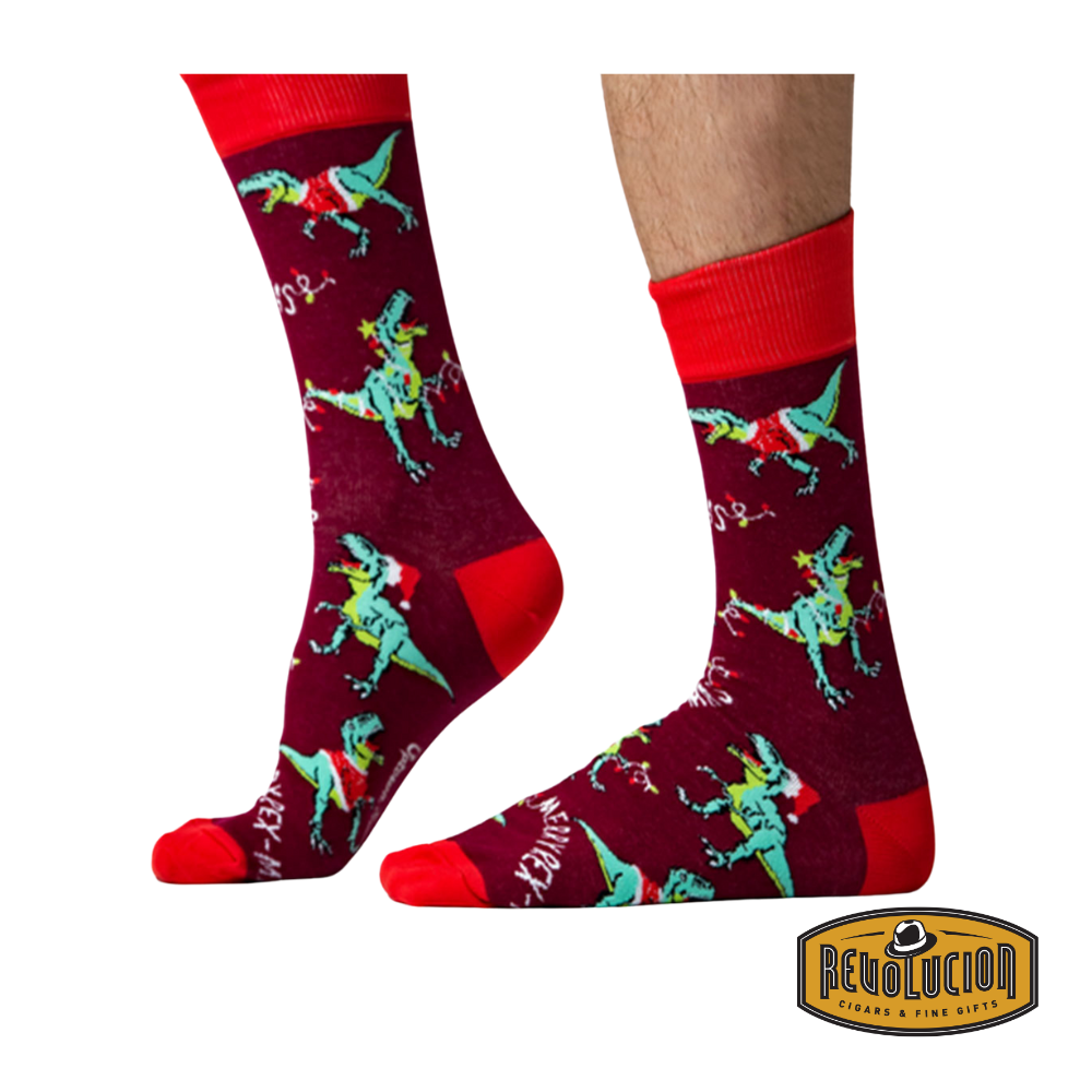 Uptown Merry Rex-Mas calf-length cotton unisex socks, featuring a festive dinosaur-themed holiday design with vibrant colors and playful details.