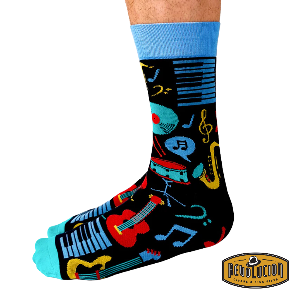 Uptown Music Mania calf-length cotton unisex socks, side view featuring a vibrant musical-themed design with instruments and notes.