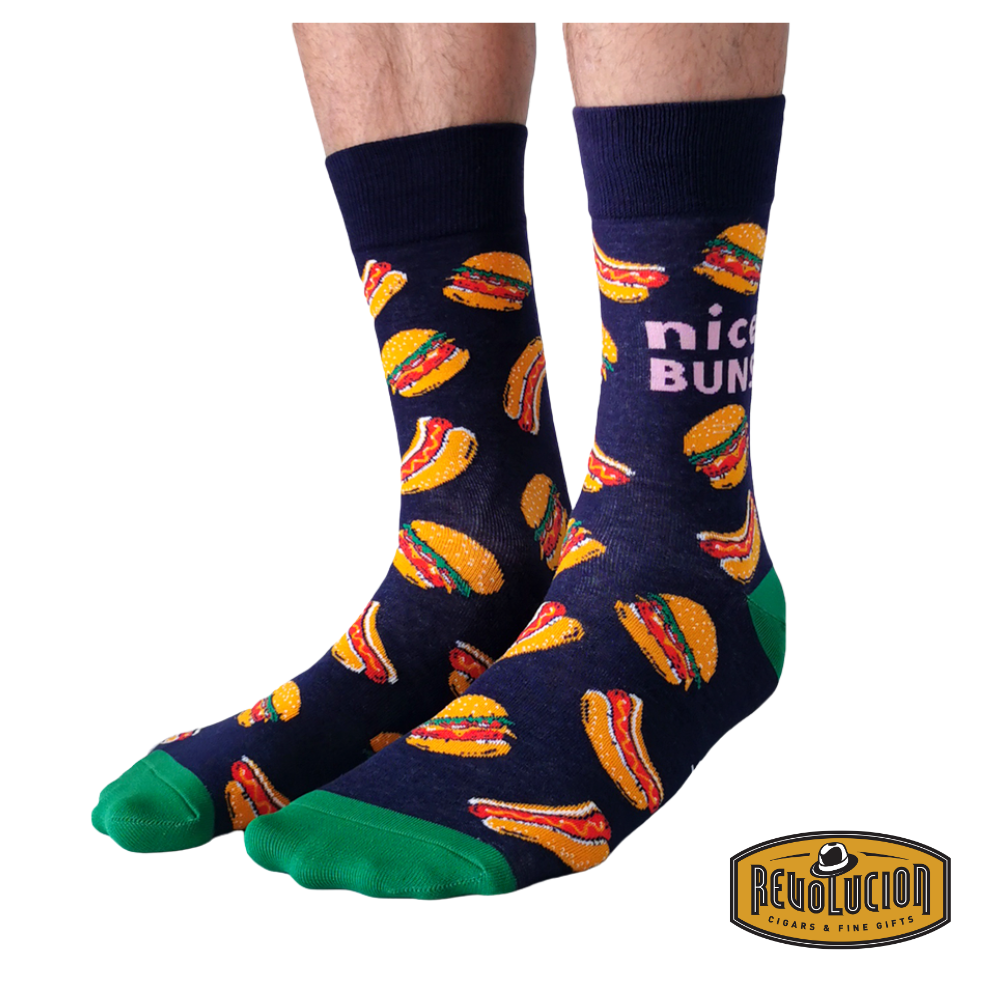 Front view of Uptown Nice Buns unisex socks, showcasing the playful "Nice Buns" text and delicious burger illustration.