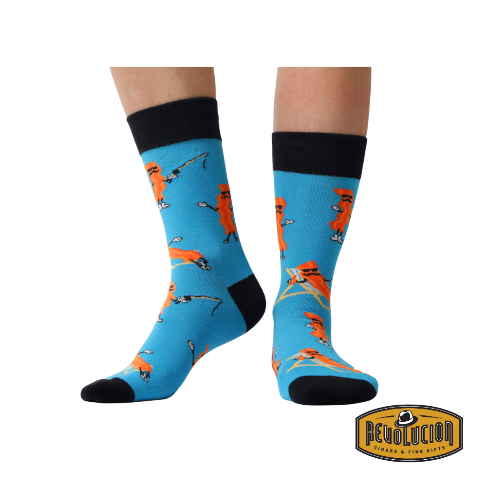 Uptown Sir Bacon calf-length cotton socks, a trendy unisex design featuring a playful bacon-themed pattern, offering comfort and style for food lovers.