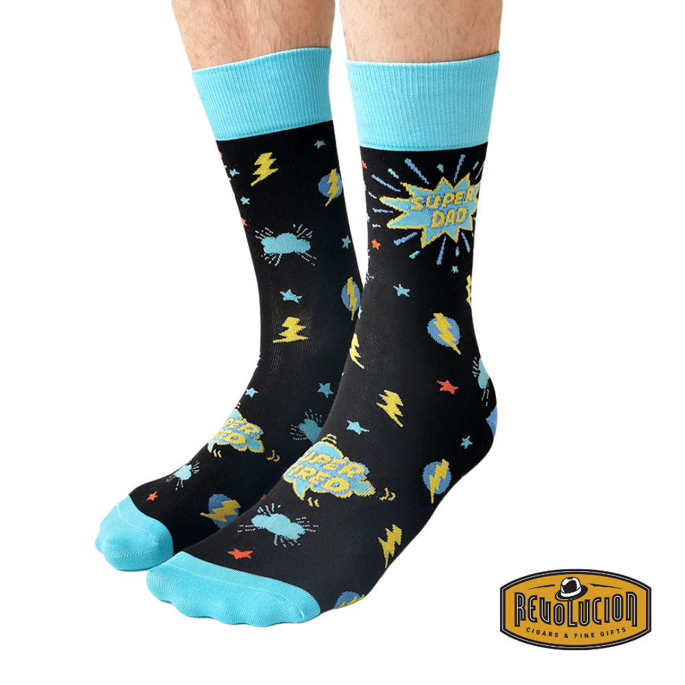 Uptown Super Dad calf-length cotton trendy socks, front view displaying the full "Super Dad" print with a fun superhero-inspired theme.