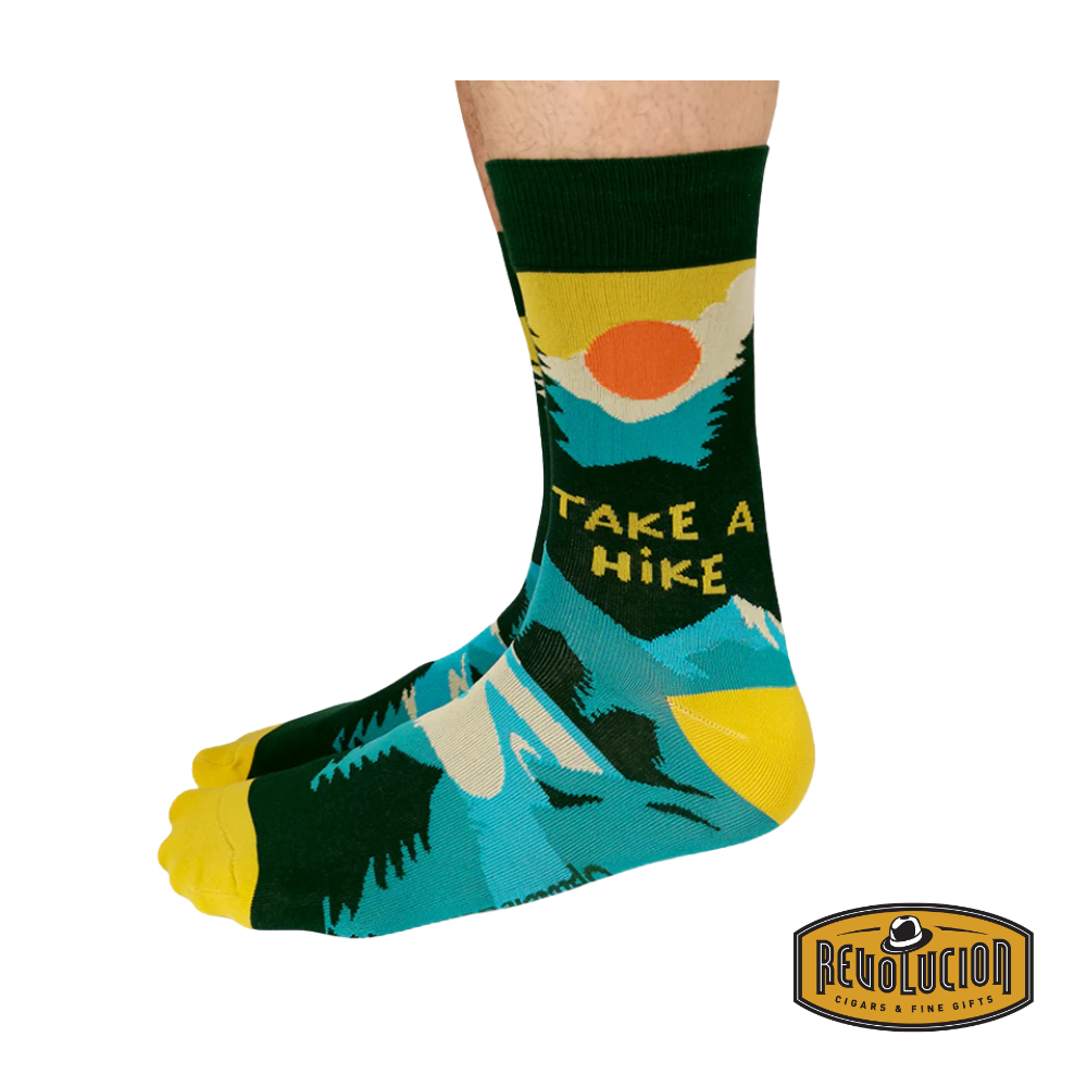 Side view of Uptown Take a Hike calf-length cotton unisex socks, showcasing a scenic nature theme with a rugged wilderness aesthetic, perfect for hiking enthusiasts.