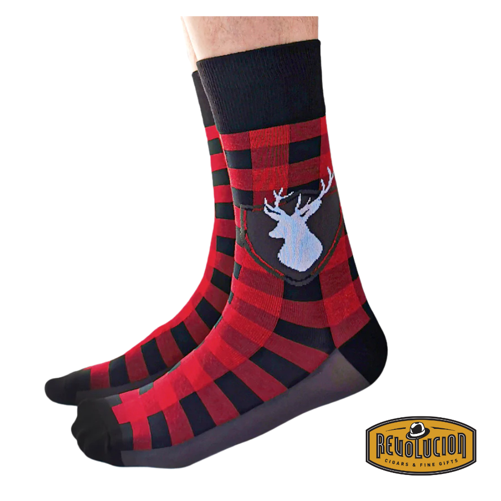 Side view of Uptown Tartan calf-length cotton unisex socks, featuring a classic plaid pattern in rich, timeless colors for a sophisticated look.
