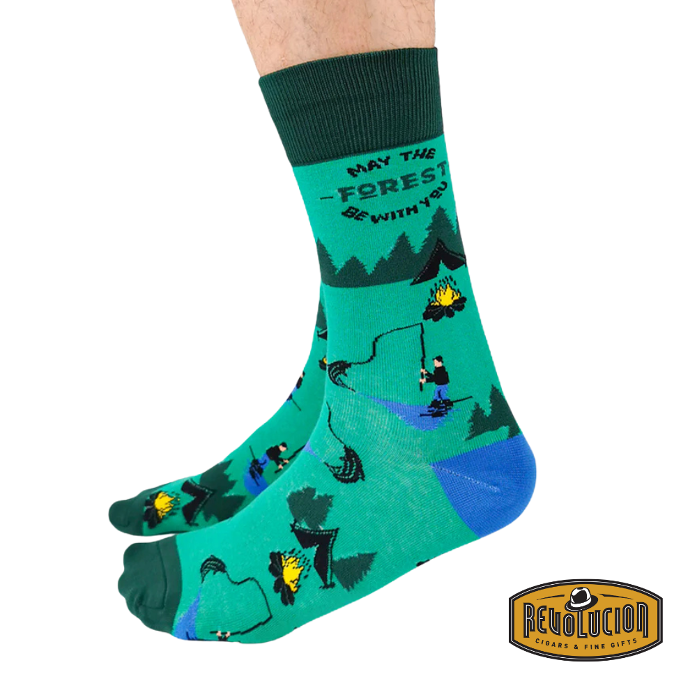 Side view of Uptown The Woodsman calf-length cotton unisex socks, showcasing earthy tones and a classic lumberjack aesthetic for a cozy and rugged look.