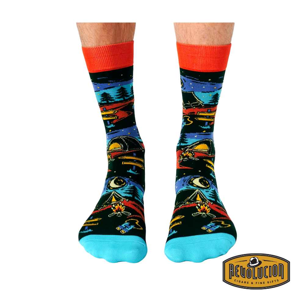 Uptown Trailblazer calf-length cotton trendy socks, front view showcasing a vibrant hiking and nature-themed pattern for outdoor lovers.