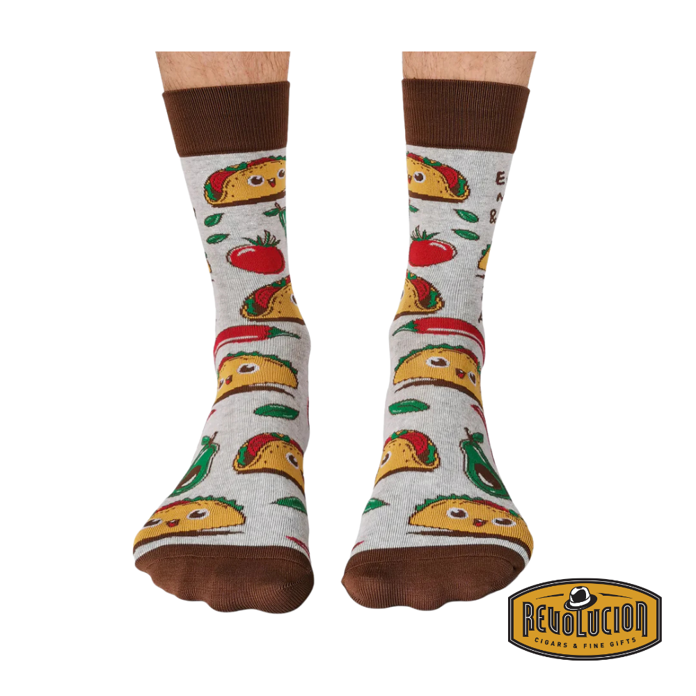 Front view of Uptown Tumbling Taco calf-length cotton unisex socks featuring a lively taco pattern on a soft and comfortable fabric.