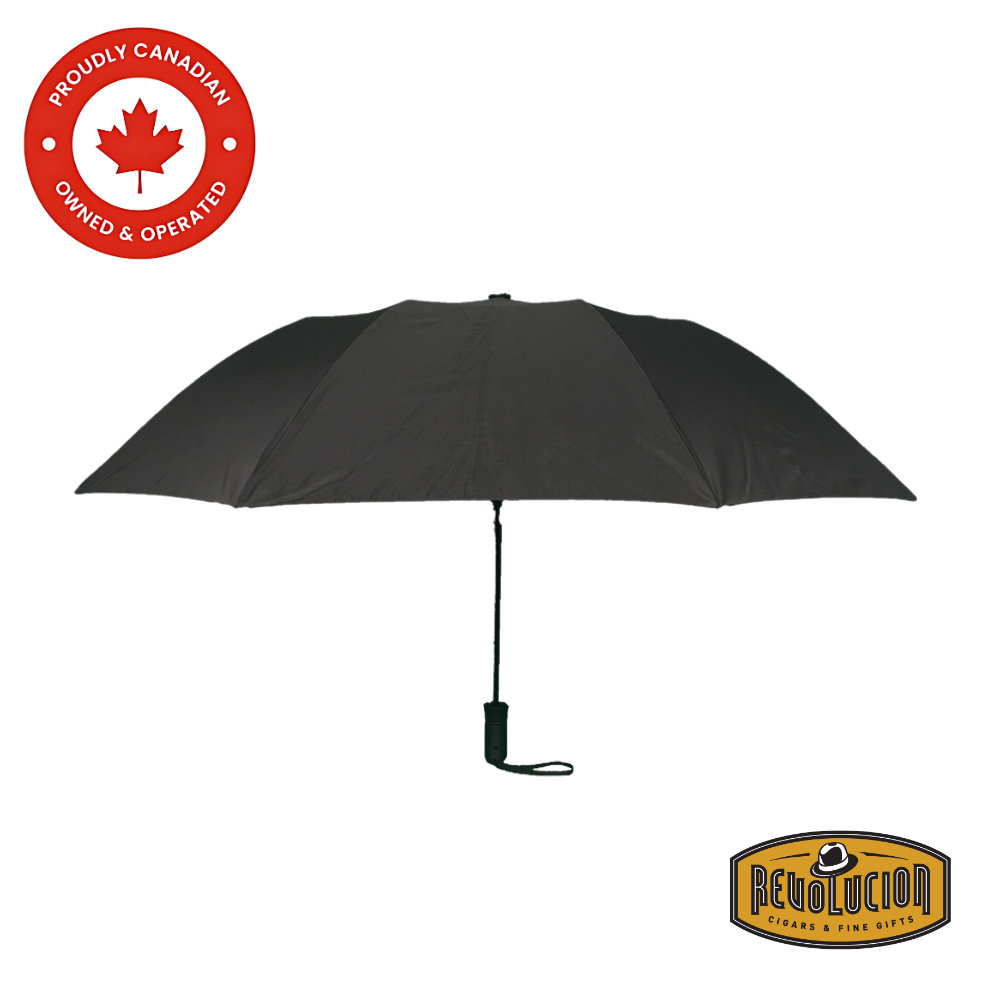 Compact black Vancouver umbrella with automatic open function and a sturdy, wind-resistant frame.