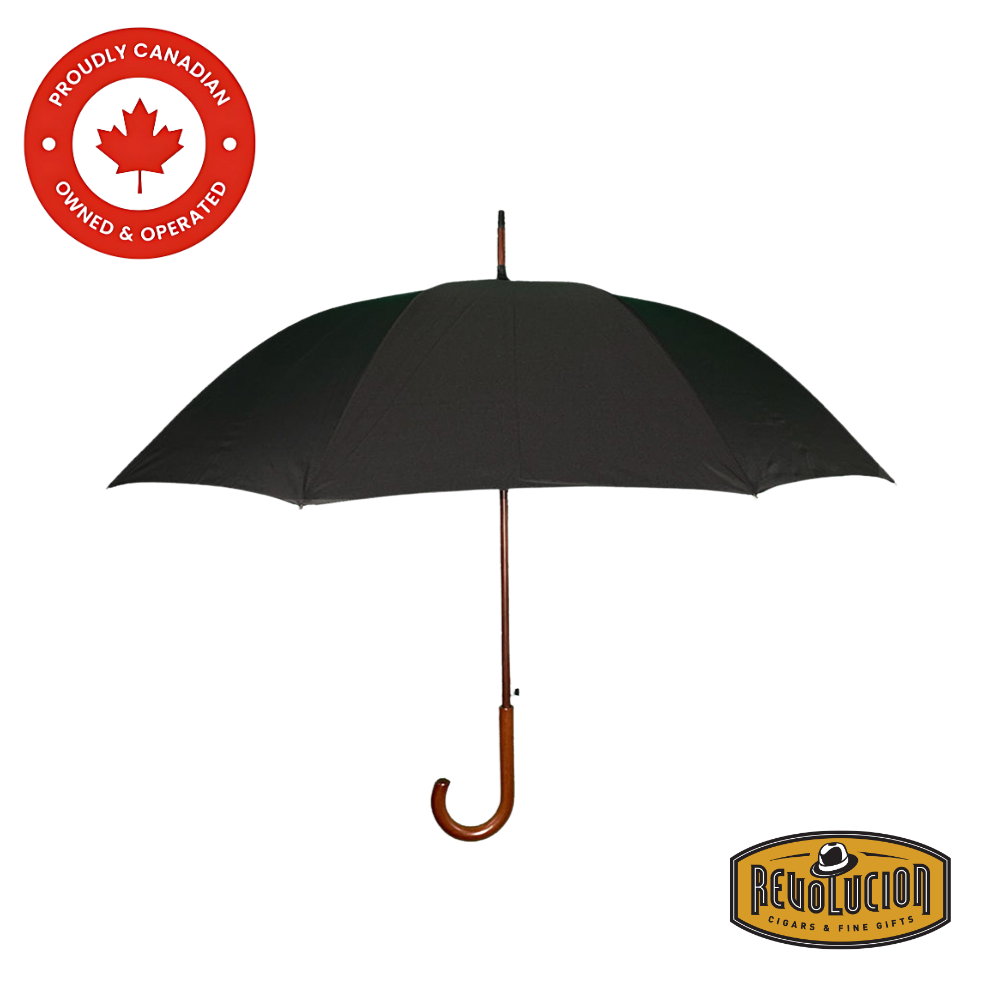 A sophisticated Vancouver Umbrella Executive with a classic black canopy and a sturdy wooden shaft, combining durability with timeless elegance.