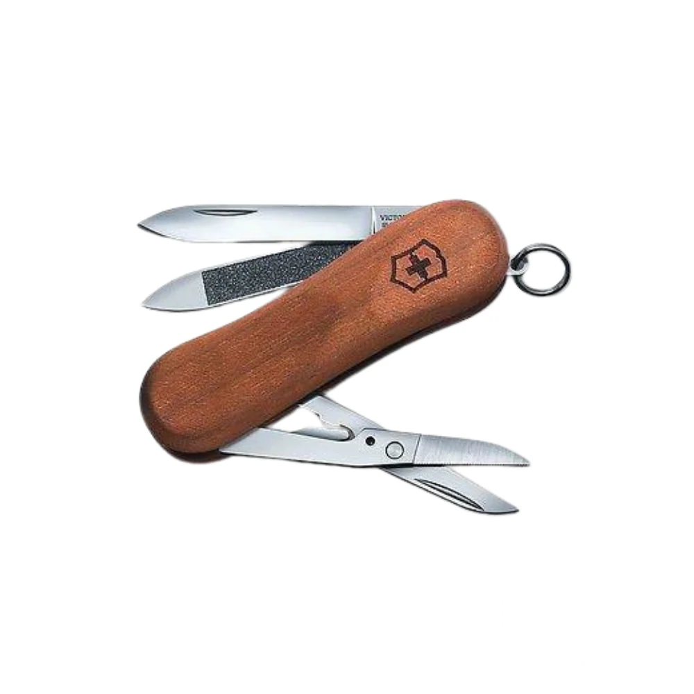 Victorinox Evowood 81 Walnut pocket knife, featuring a beautifully crafted walnut wood handle, with an open blade, nail file, and scissors, showcasing its Swiss precision and elegance.