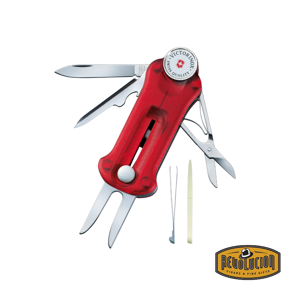 Victorinox Golf Tool in vibrant red, fully opened, displaying its golf-specific tools, including a divot repair tool, ball marker, groove cleaner, and other Swiss-engineered features.
