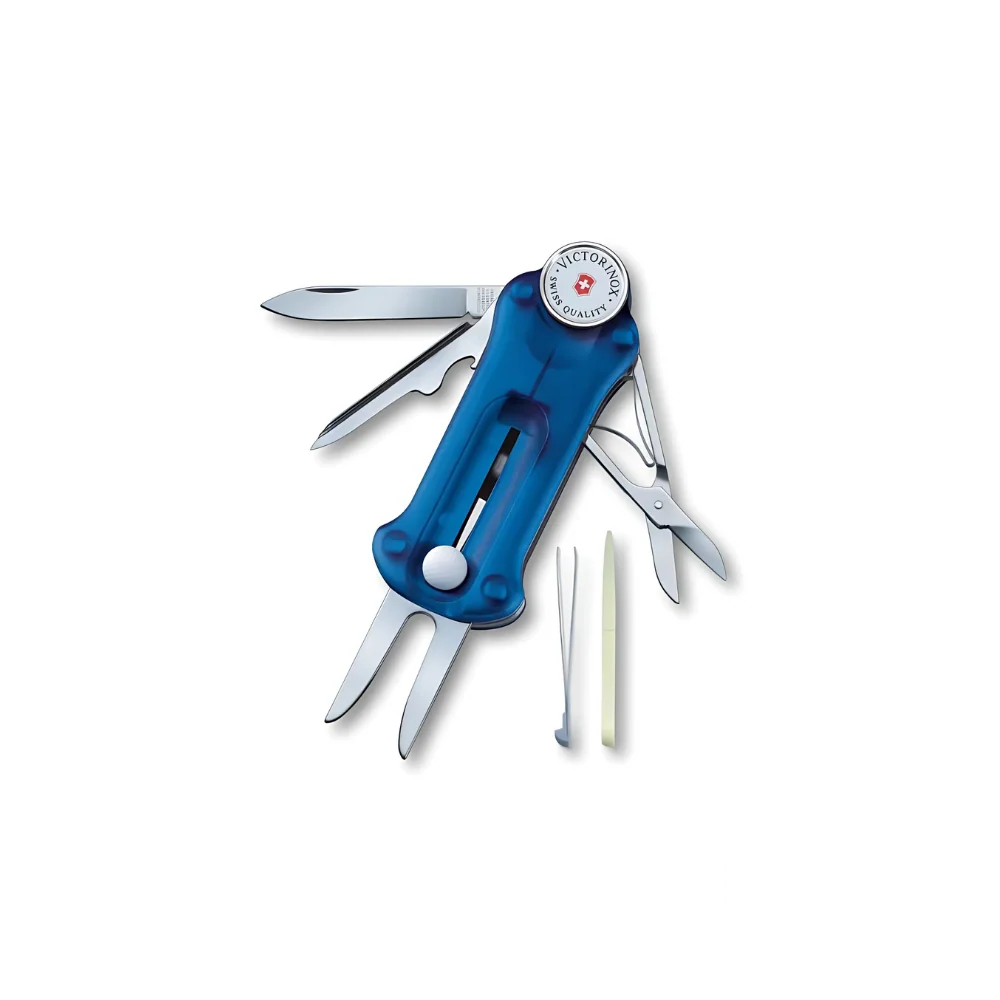 Victorinox Golf Tool in sapphire blue, fully opened, showcasing multiple golf-specific tools including a divot repair tool, ball marker, and groove cleaner.