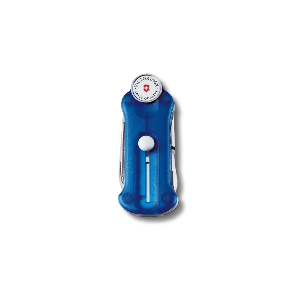 Victorinox Golf Tool in sapphire blue, compact and closed, with its ergonomic design and Swiss precision craftsmanship visible.