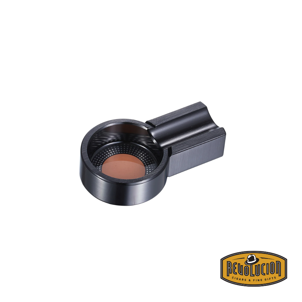 Black matte Visol Absolem Single Cigar Ashtray with a sleek, modern design, featuring a cigar rest and a perforated metal base for a stylish and functional smoking accessory.