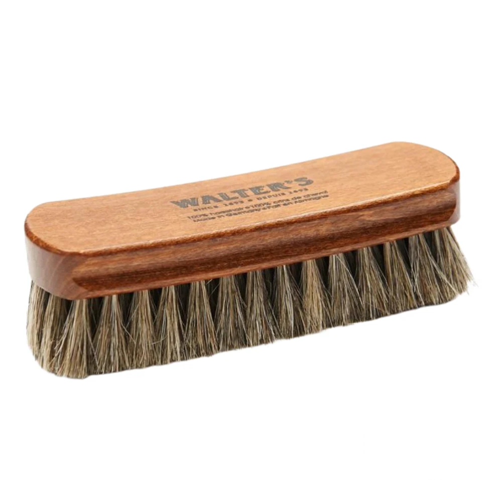 Close-up of the Walters Premium Horsehair Shoe Brush designed for cleaning and polishing leather shoes.